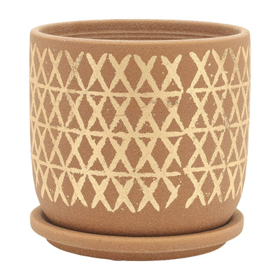 S/2 5/6 CROSS PLANTER W/ SAUCER, TAN