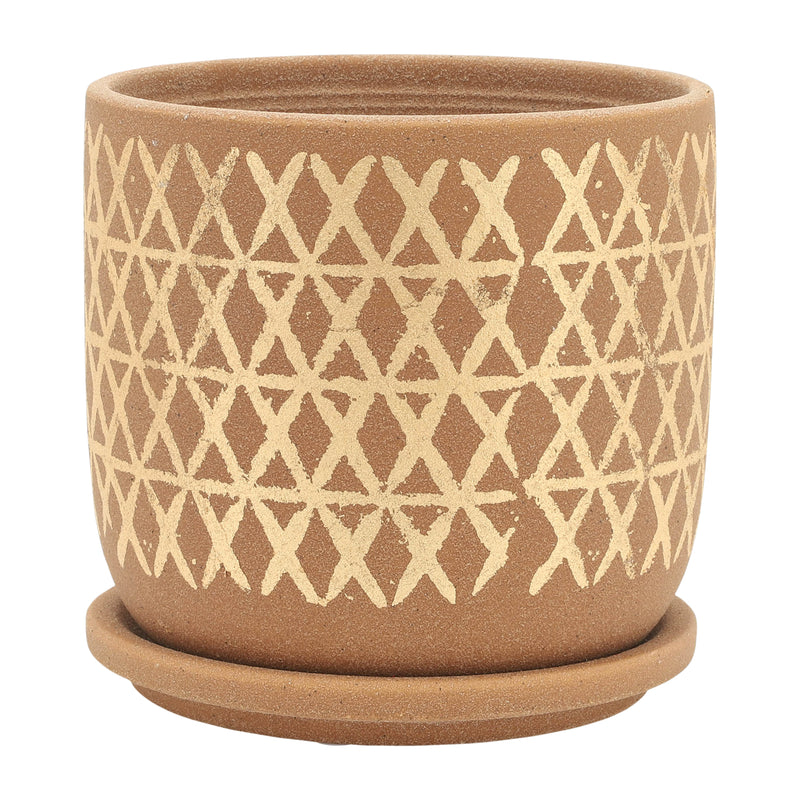 S/2 5/6 CROSS PLANTER W/ SAUCER, TAN