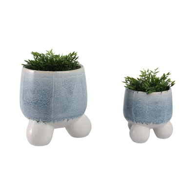 S/2 8/11 Knobby Footed Planters, Blue/white