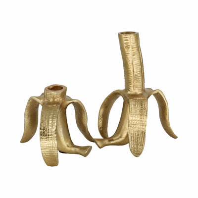 Metal, S/2 6 Banana Taper Candle Holders, Gold