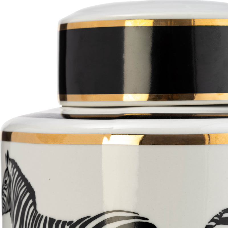 CER, 16H ZEBRA JAR W/ LID, WHITE/GOLD