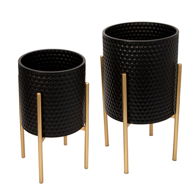 S/2 HONEYCOMB PLANTER ON METALSTAND, BLACK/GLD