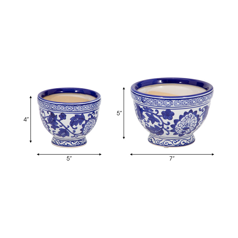 Cer, S/2 5/7 Bowl Chinoiserie Planters, Blue/wht