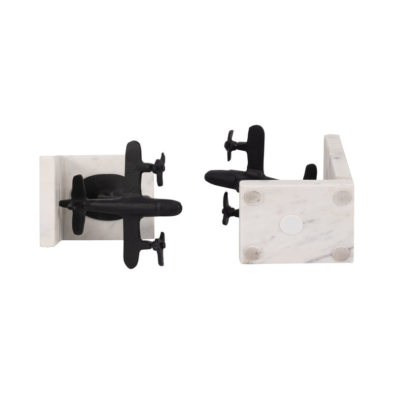 Metal, S/2 6 Airplane Bookends On Marble, Blk/wht