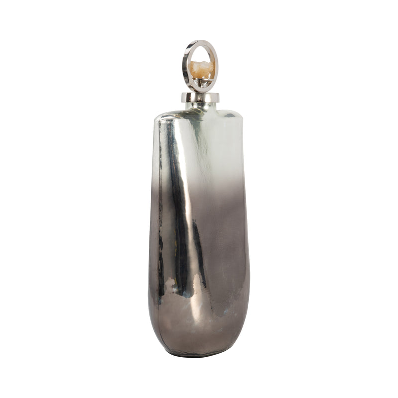 GLASS, 19 METALLIC BOTTLE W/ STONE TOP, SILVER