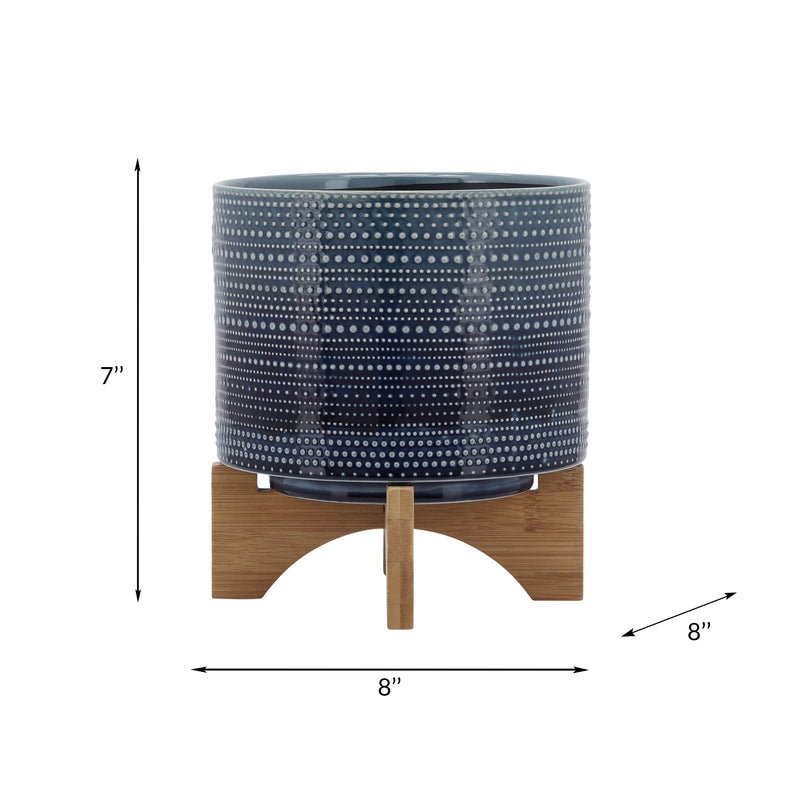 8 DOTTED PLANTER W/ WOOD STAND, BLUE