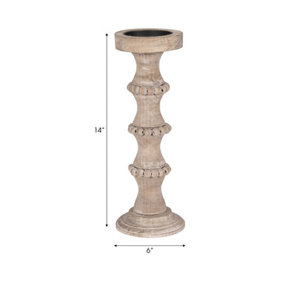 WOODEN 15 BANDED BEAD CANDLEHOLDER, DISTRESSED IV