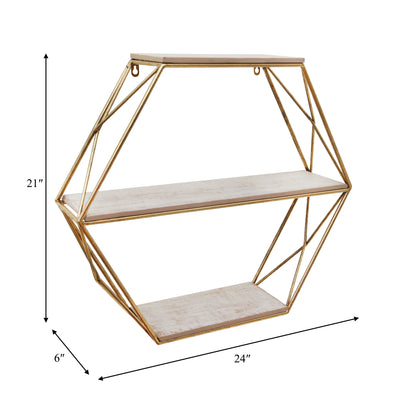 METAL / WOOD 3 TIER HEXAGON WALL SHELF, GOLD