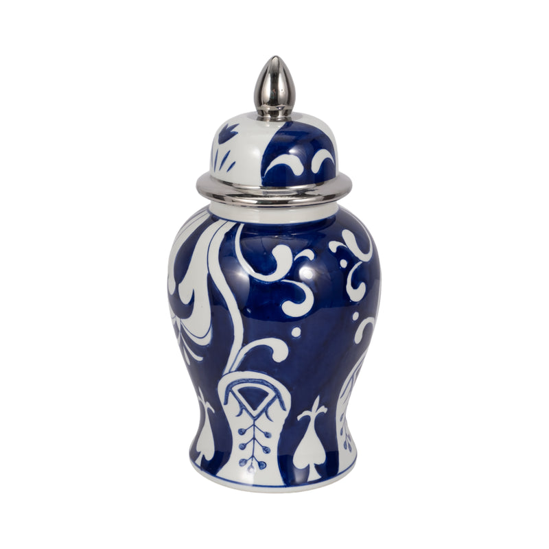 EC CER,14 WHITE/BLUE TEMPLE JAR, SILVER