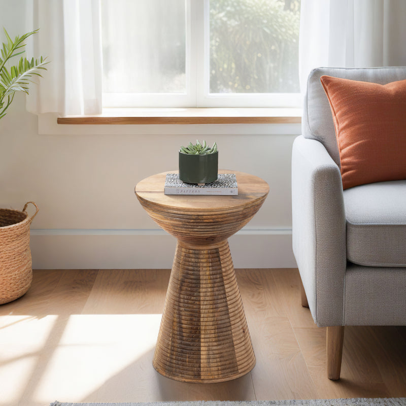 19 Ridged Wood Drum Accent Table, Natural