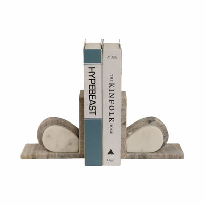 S/2 6 Eared Onyx & White Marble Bookends, Beige