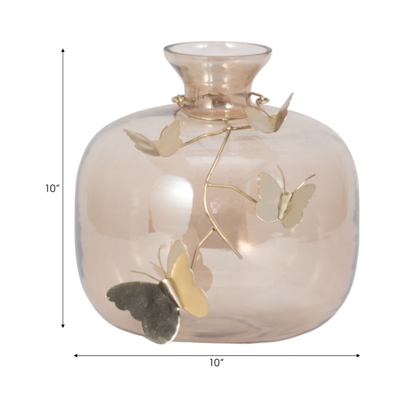 GLASS, 10 VASE W/ BUTTERFLY GARLAND, GOLD