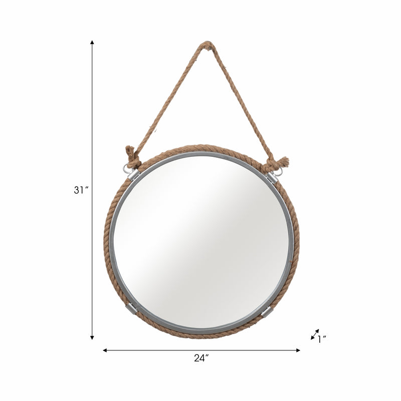 METAL 24 MIRROR WITH ROPE, SILVER/NATURAL