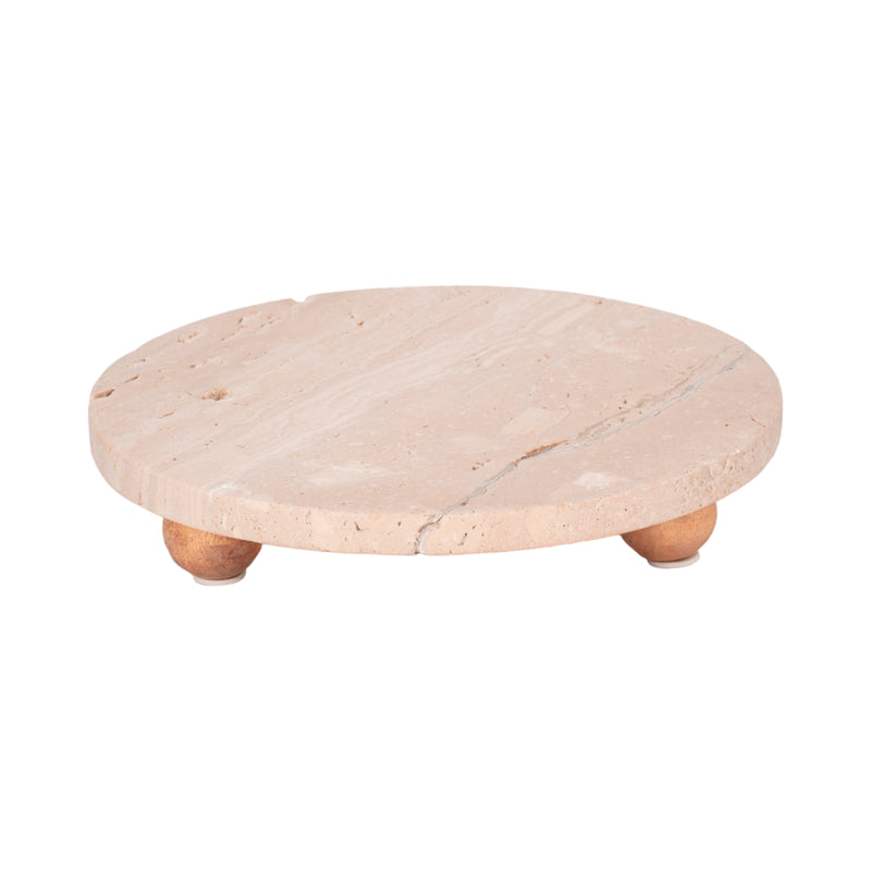 10 Travertine Tray On Wood Ball Feet, Tan