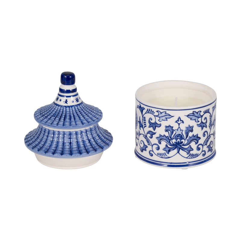 8 9oz Plumeria Chinoiserie Pagoda Candle,blu/wht