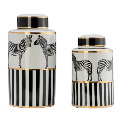 CER, 16H ZEBRA JAR W/ LID, WHITE/GOLD