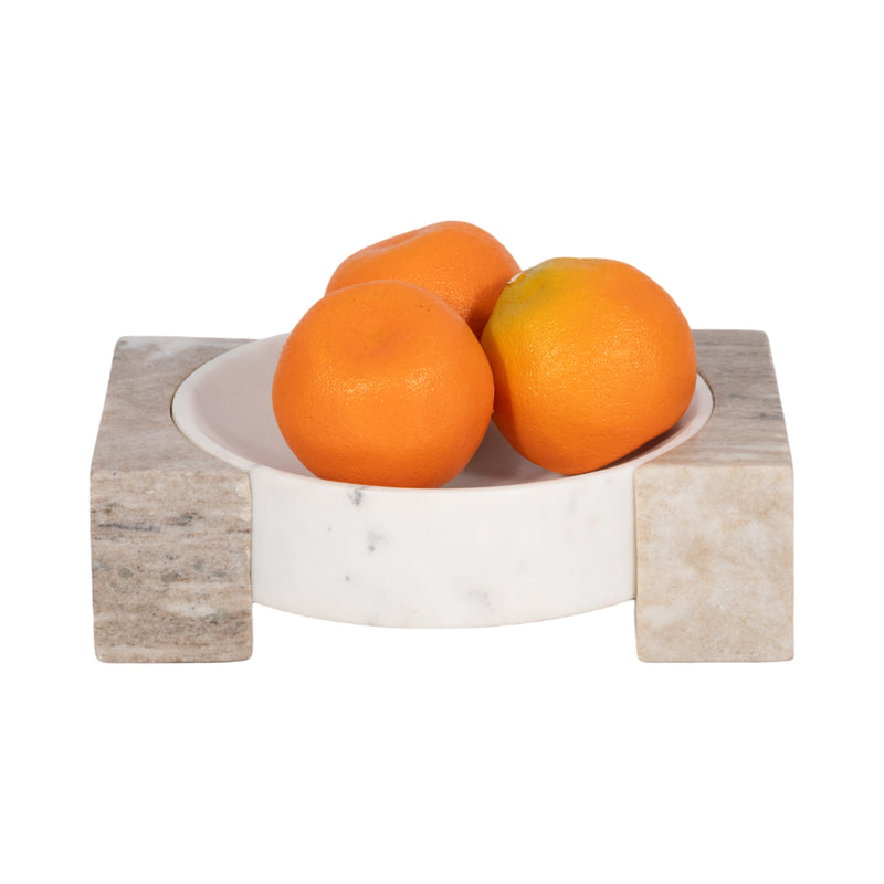 10 Marble Bowl With Onyx Marble Sides, White/tan