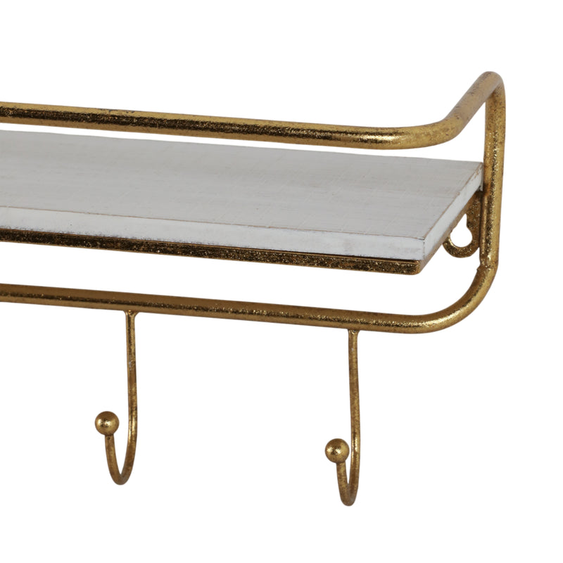 METAL/WOOD 20 5  HOOK WALL SHELF, WHITE/GOLD