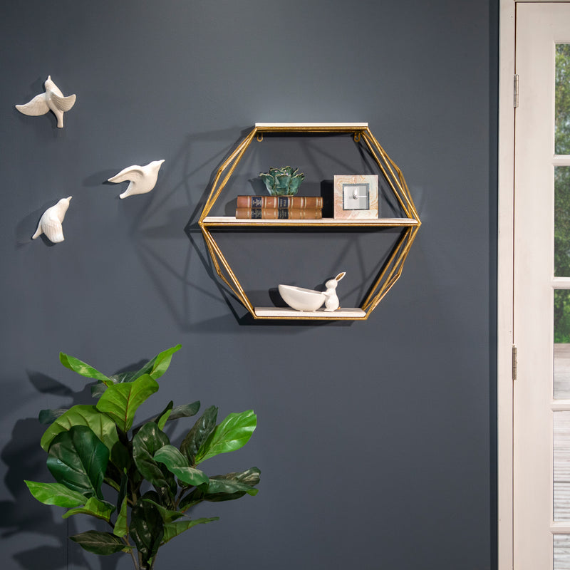 METAL / WOOD 3 TIER HEXAGON WALL SHELF, GOLD