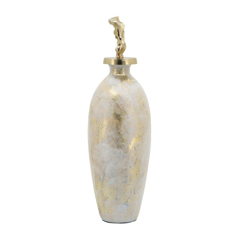 GLASS, 23H METAL VASE TRIBAL TOPPER,  WHITE/GOLD