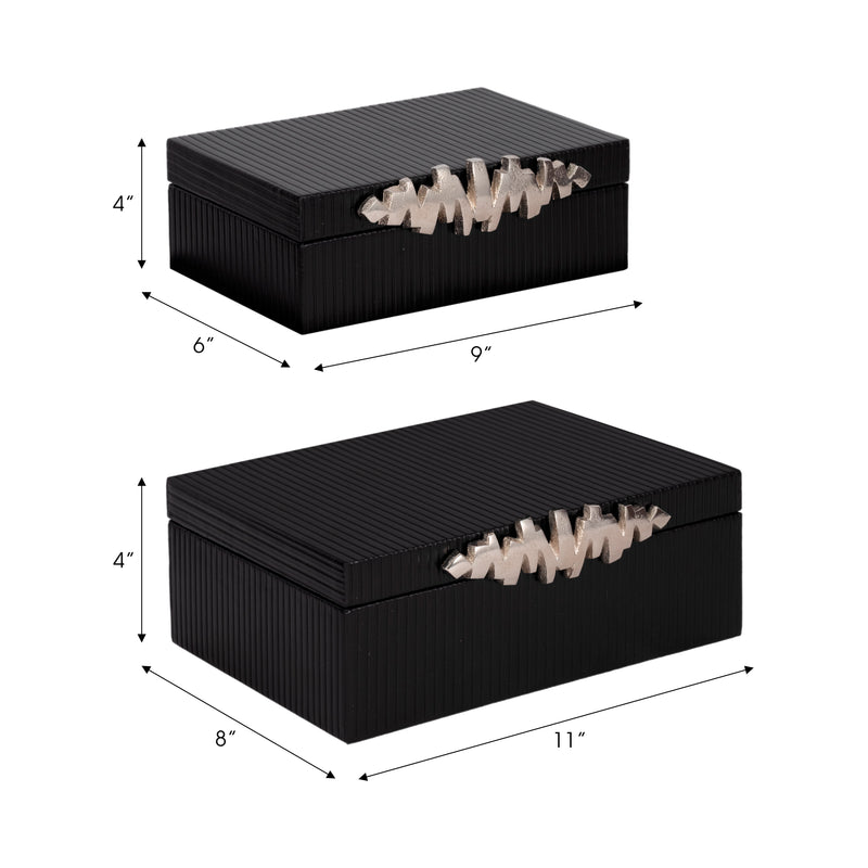 S/2 9/11 Boxes With Lines & Silver Handle, Black