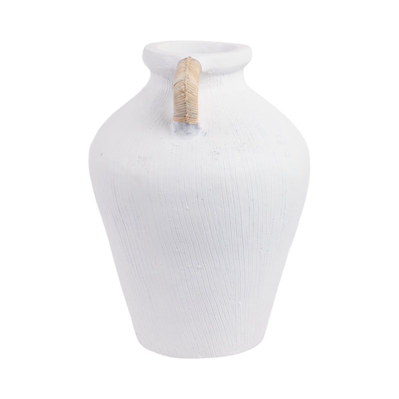 17 Textured Terracota Vase W/rattan Handle, Wht