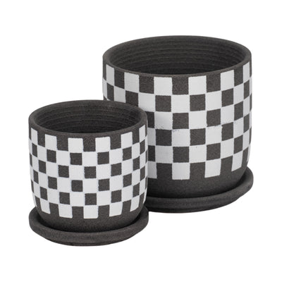 S/2 5/6 Checkerboard Saucer Planters, Black/white