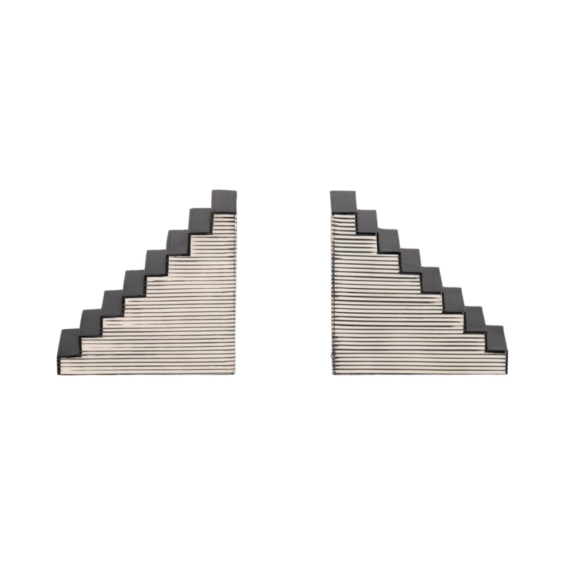 S/2 6 Striped Steps Bookends, Black/white