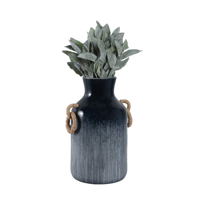 18 Vase With Rattan Handles Reactive Finish, Blue