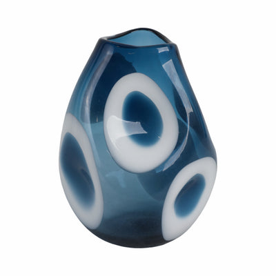 11x8 Curvy Polka Dot Glass Vase, Blue/white