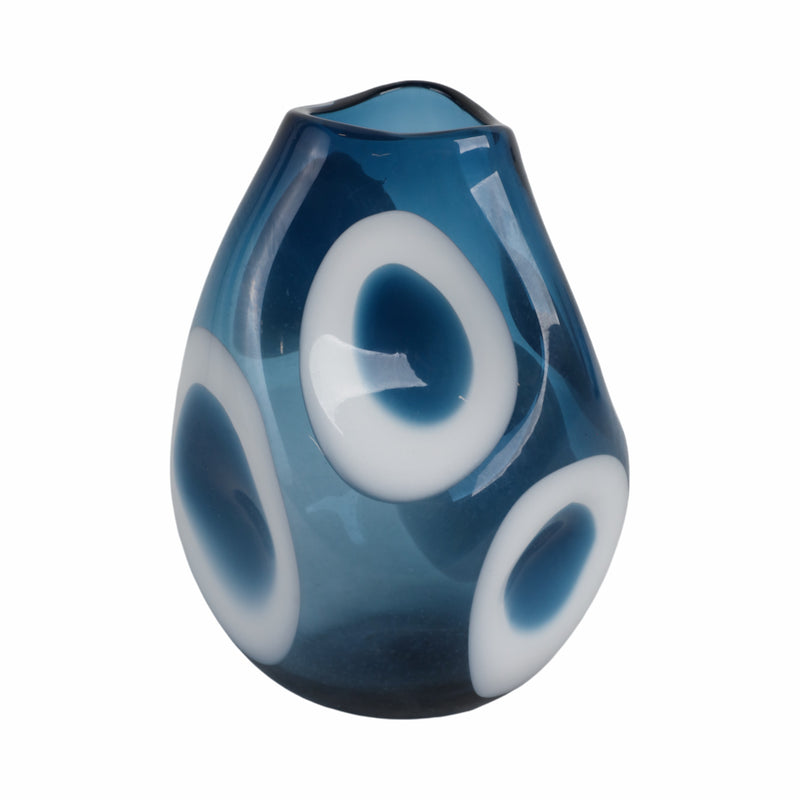 11x8 Curvy Polka Dot Glass Vase, Blue/white