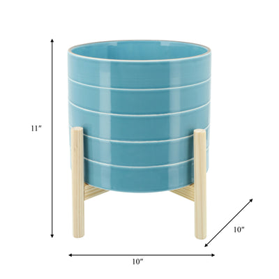 10 STRIPED PLANTER W/ WOOD STAND, SKYBLUE