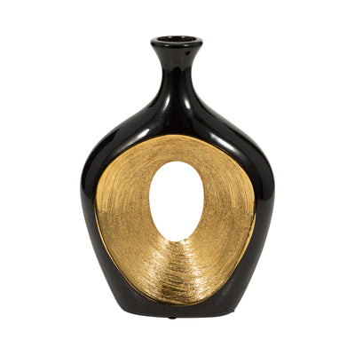 CER, 13H 2-TONE SCRATCHED OVAL VASE, BLK/GLD