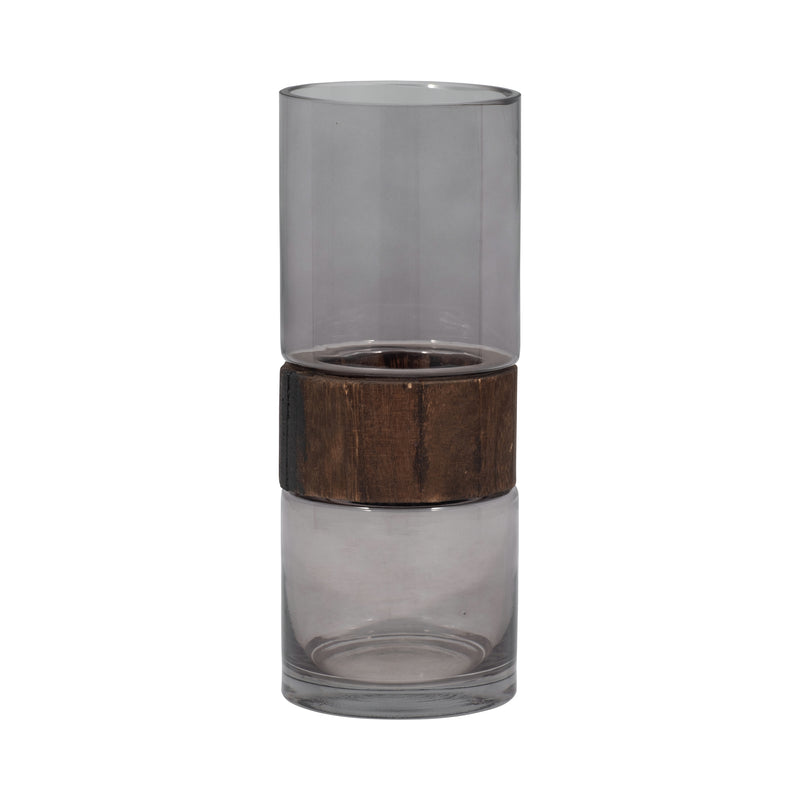 GLASS, 10 CYLINDER VASE W/ WOOD BAND, CLEAR