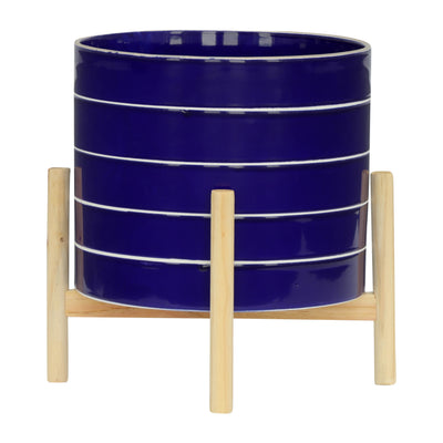 10 STRIPED PLANTER W/ WOOD STAND, NAVY