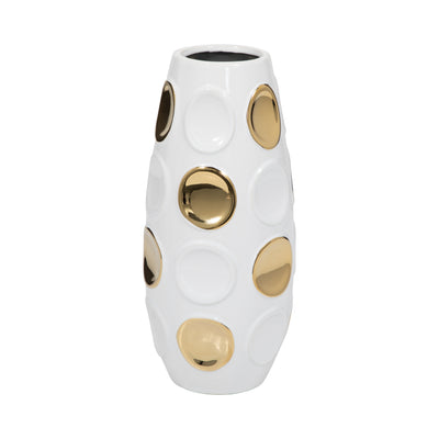 Stoneware, 13 Circle Embossed Vase, White/gold