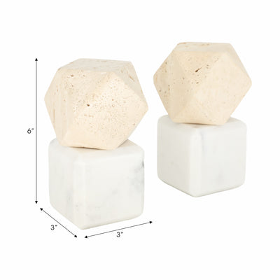 S/2 6 Marble Bookends W/ Travertine Hex Orb, Tan/