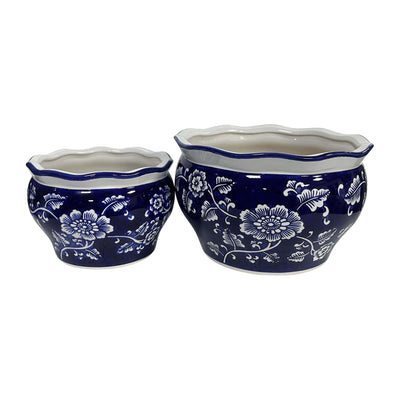 Cer, S/2 6/8 Round Chinoisere Planters, Blue/wht