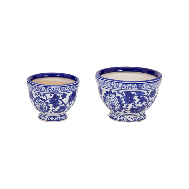 Cer, S/2 5/7 Bowl Chinoiserie Planters, Blue/wht