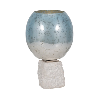 Glass, 13 Bowl Pillar Holder Marble Base, Aqua/wh