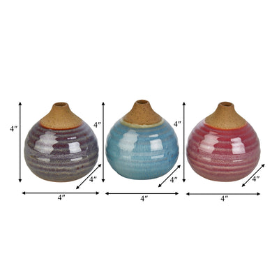 S/3 GLAZED BUD VASES, PURPLE/BLUE/PINK