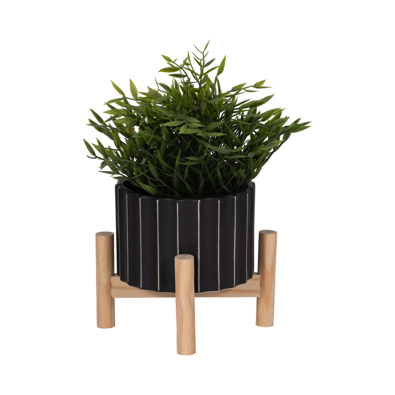 6 CERAMIC FLUTED PLANTER W/ WOOD STAND, BLACK