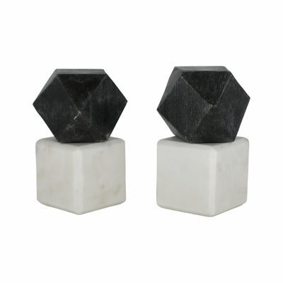 S/2 6 Marble Bookends W/ Black Hex Orb, Black/whi