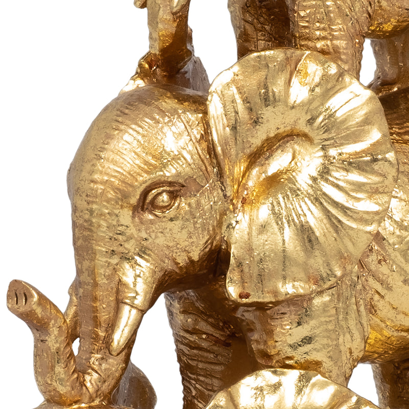 RESIN, 10 STACKED RAISED TRUNK ELEPHANTS, GOLD