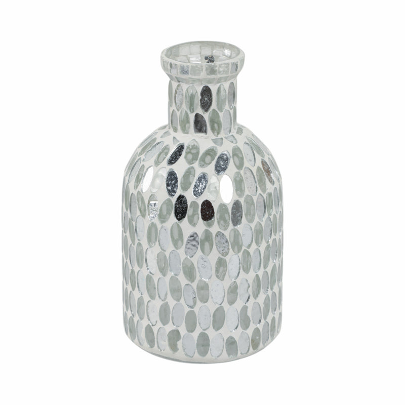 GLASS, 8H MOSAIC VASE, WHITE