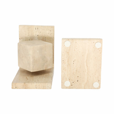 S/2 6 Travertine Cube On Base Bookends, Tan