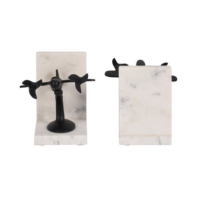 Metal, S/2 6 Airplane Bookends On Marble, Blk/wht