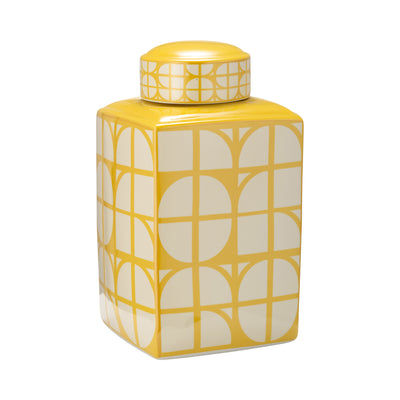 CER, 16H SQUARE JAR W/ LID, YELLOW/COTTON