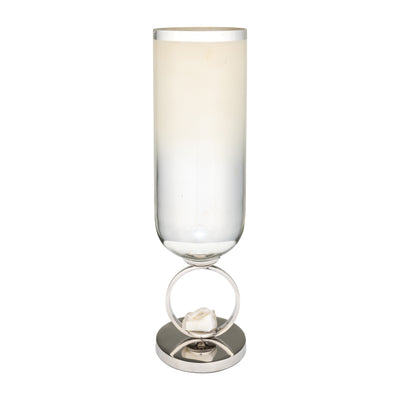 GLASS, 21 VASE W/ METAL BASE STONE ACCENT, PEARL