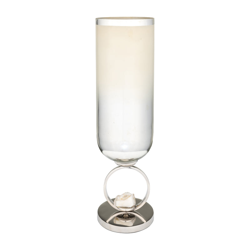 GLASS, 21 VASE W/ METAL BASE STONE ACCENT, PEARL